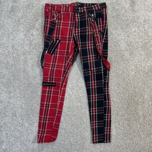 Hot Topic Split Plaid Skinny Pants Suspenders Zippers Red Black Mens 32x32